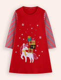 Christmas Unicorn Embroidered Long Sleeve Dress