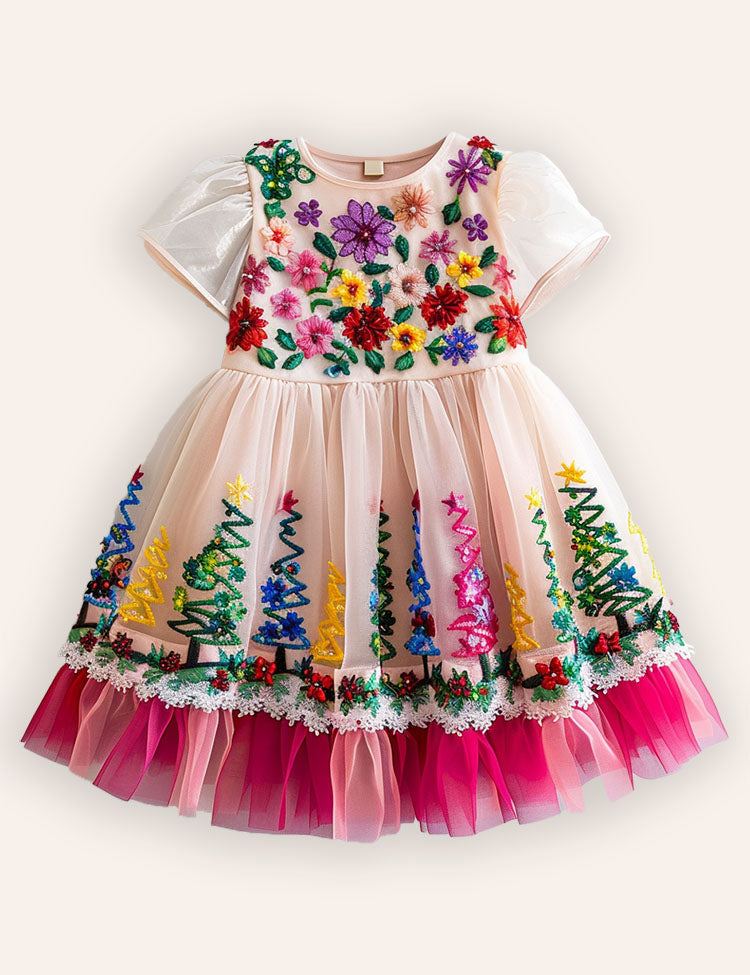 Christams Trees Embroidered Tulle Dress