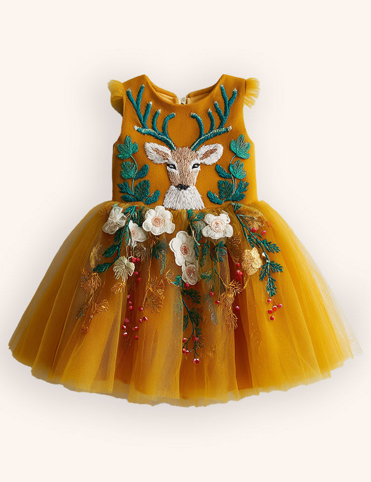Tulle Floral Reindeer Embroidered Dress