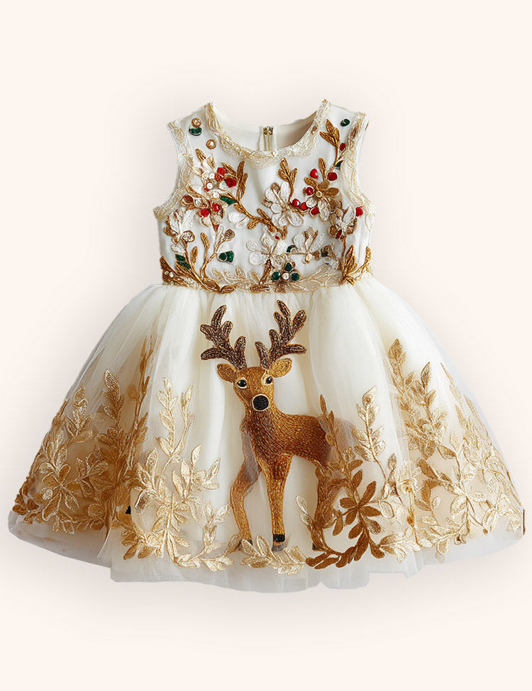 Tulle Floral Reindeer Embroidered Dress