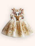Tulle Floral Reindeer Embroidered Dress