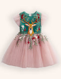 Tulle Floral Reindeer Embroidered Dress