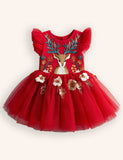 Tulle Floral Reindeer Embroidered Dress