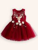 Tulle Floral Reindeer Embroidered Dress