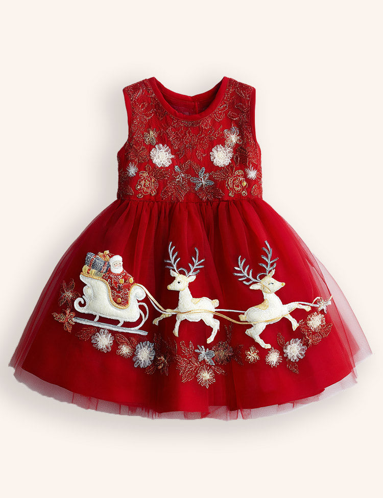 Tulle Christmas Santa & Reindeer Appliqué Dress