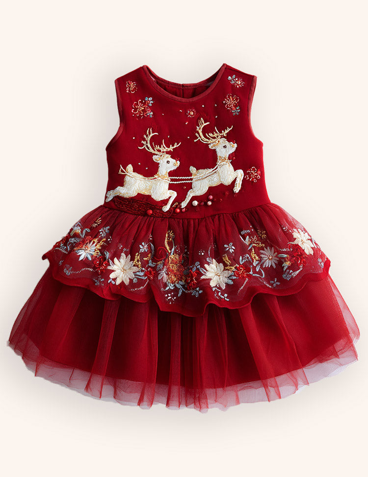 Tulle Christmas Reindeer Appliqué Dress