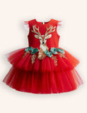Tulle Floral Reindeer Embroidered Dress