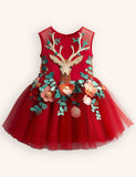 Tulle Floral Reindeer Embroidered Dress