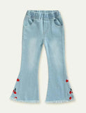 Cherry Embroidered Denim Bell-Bottom Pants