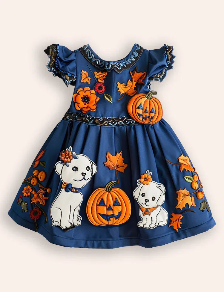 Halloween Puppy Pumpkin Appliqué Dress