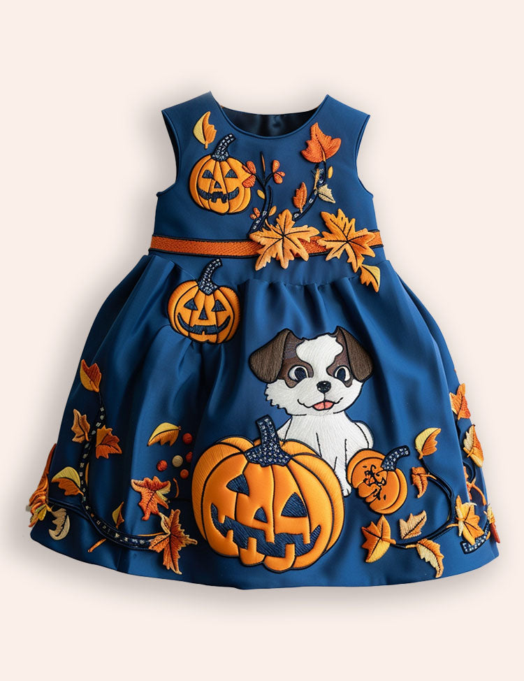 Halloween Puppy Pumpkin Appliqué Dress