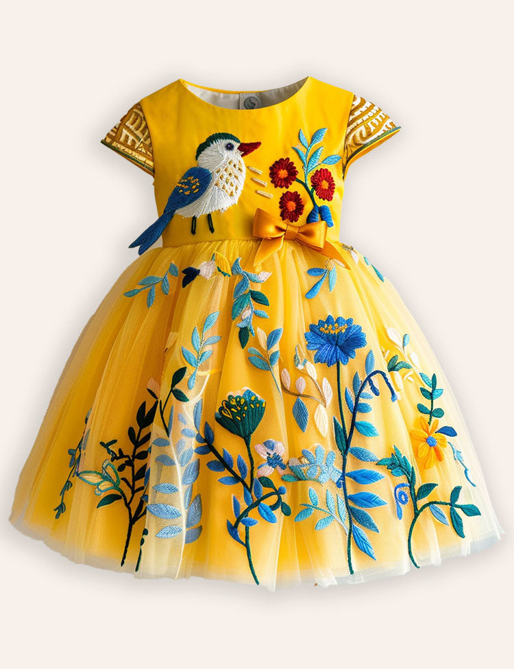 Flower Bird Applique Tulle Dress